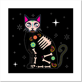 Day Of He Dead Cat  Dia De Los Muertos Cat Sugar Skull Posters and Art